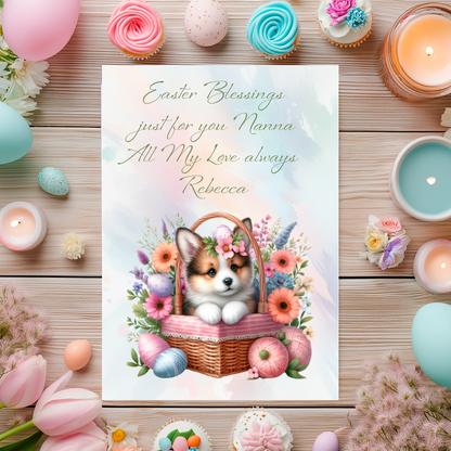 Easter-themed card with a dog in a basket surrounded by flowers and eggs, placed on a wooden surface with Easter decorations. Can be personalised for name and relation..