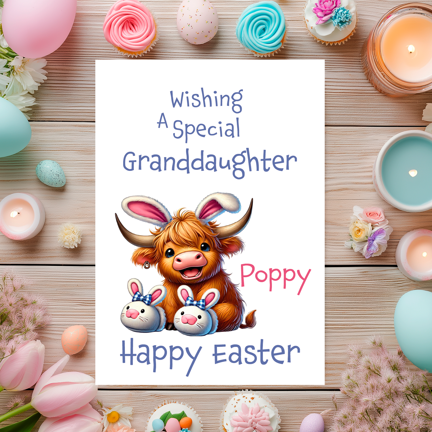 Easter-themed card with a cow wearing bunny ears and bunny slippers, surrounded by Easter decorations on a wooden background. Can be personalised for name and relation.
