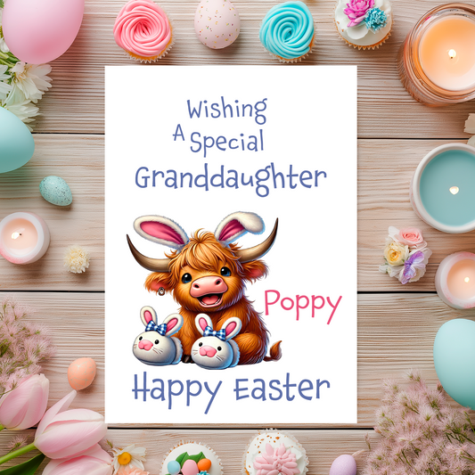 Easter-themed card with a cow wearing bunny ears and bunny slippers, surrounded by Easter decorations on a wooden background. Can be personalised for name and relation.
