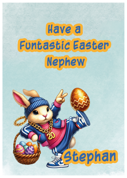 Easter card with a cartoon bunny holding an egg and basket, text 'Have a Funtastic Easter Nephew Stephan' on a light blue background. Can be personalised for name and relation.