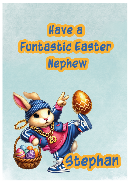 Easter card with a cartoon bunny holding an egg and basket, text 'Have a Funtastic Easter Nephew Stephan' on a light blue background. Can be personalised for name and relation.