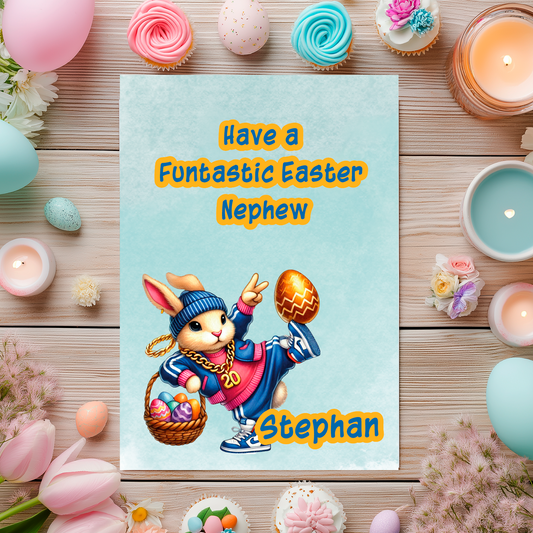 Easter card with a rabbit character and text 'Have a Funtastic Easter Nephew Stephan' on a decorative background with Easter elements. Can be personalised for name and relation.