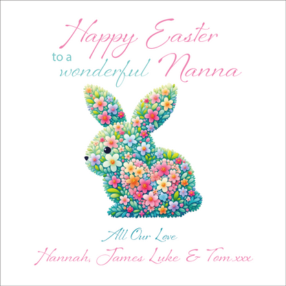 Easter card with floral bunny design and personalized text on a white background. Can be personalised with name, relation and name of sender. 