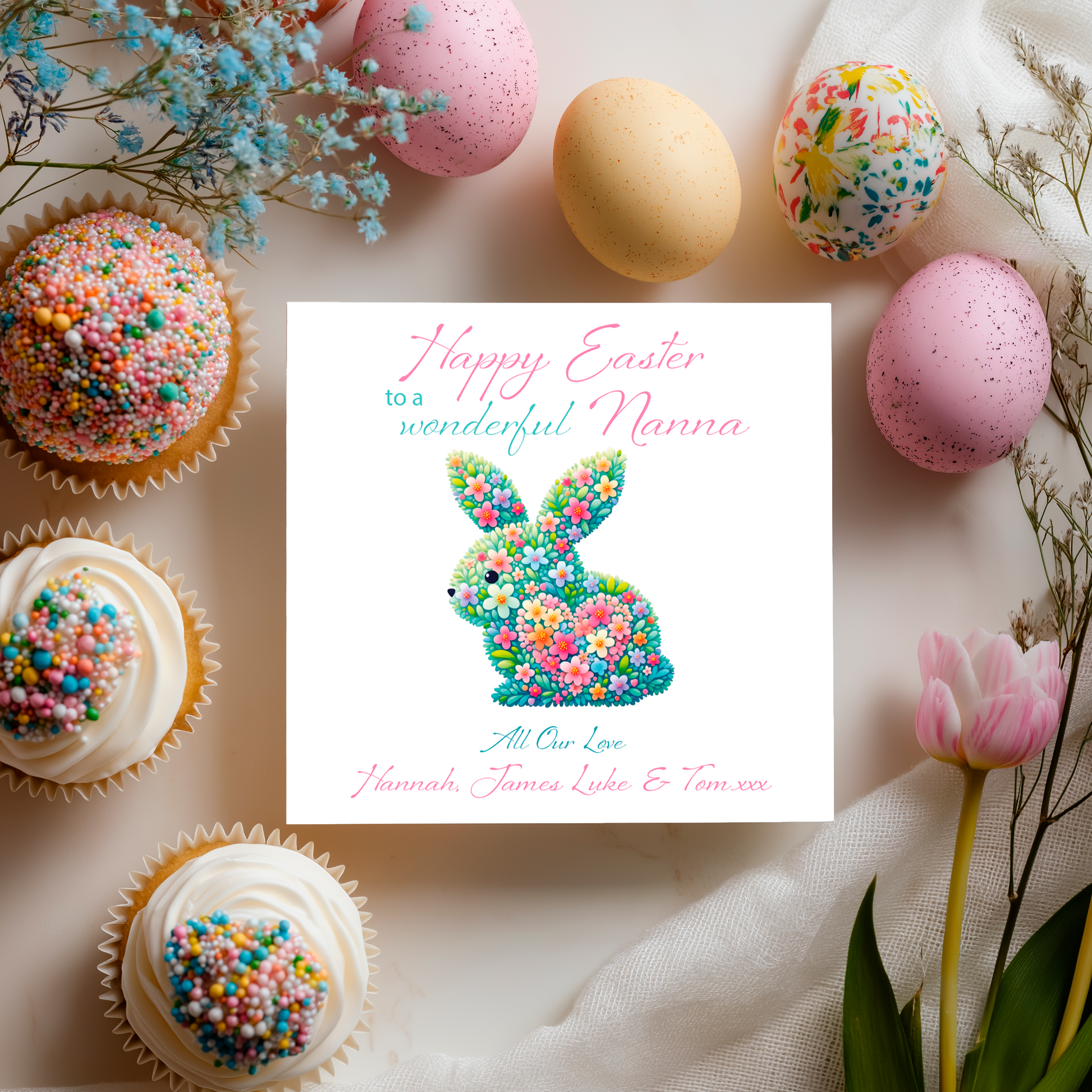Easter card with colorful bunny design, surrounded by Easter eggs and cupcakes. Can be personalised with name, relation and name  of sender. 