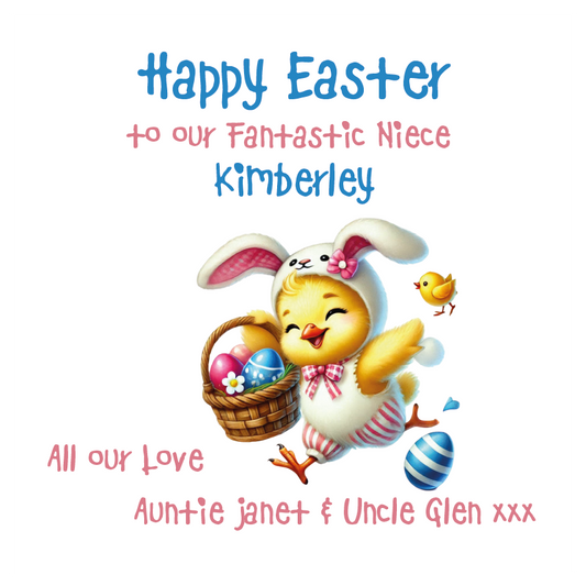 Happy Easter card with a chick wearing bunny ears holding an Easter basket, on a white background. Can be personalised with name, relation andante of sender. 