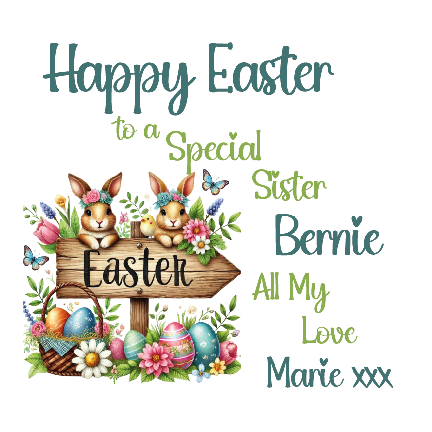 Happy Easter card with bunnies, flowers, and personalized text on a white background. Can be personalised with name, relation and name of sender. 