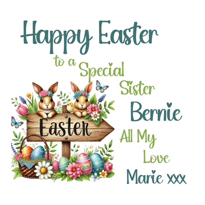 Happy Easter card with bunnies, flowers, and personalized text on a white background. Can be personalised with name, relation and name of sender. 