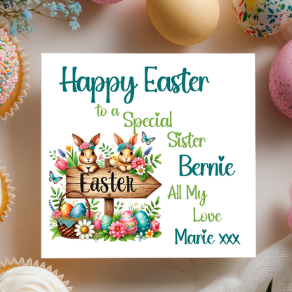 Easter card with bunnies, eggs, and personalised text on a decorative background. Can be personalised with name, relation and name of sender. 