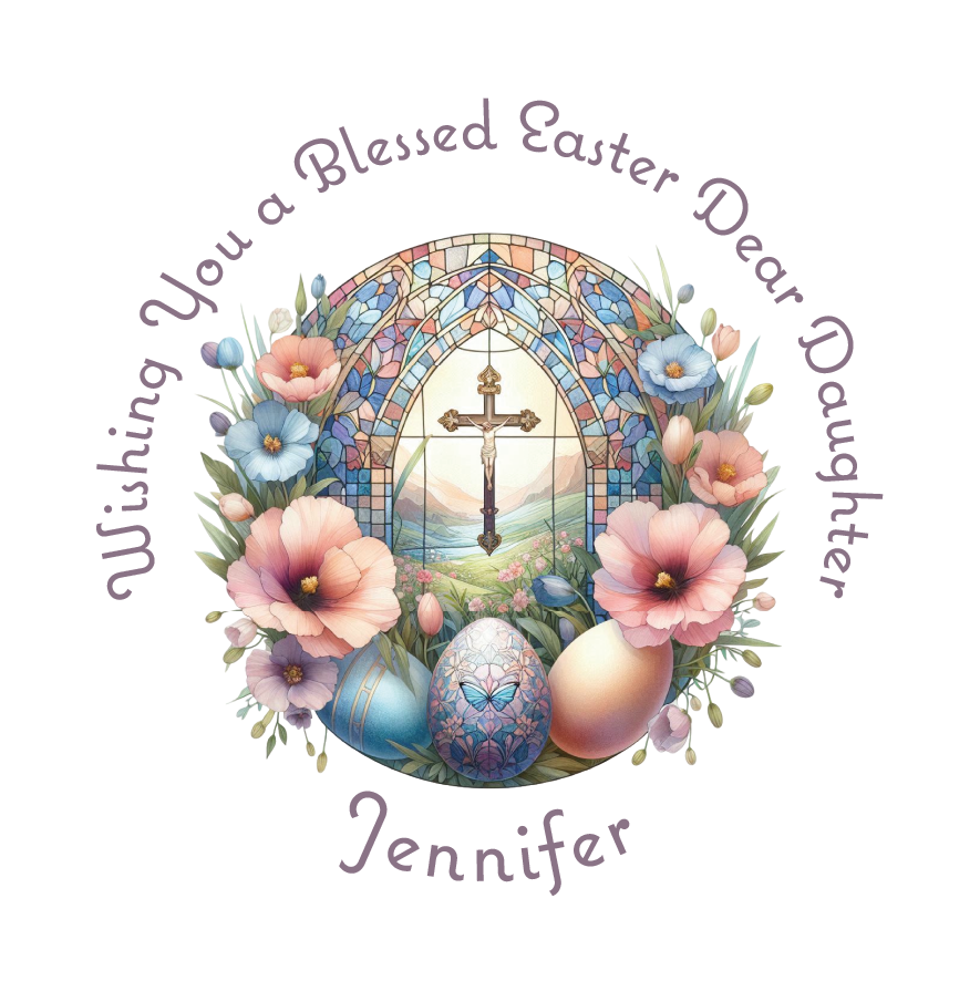 Easter greeting card with stained glass window, flowers, and eggs on a white background. Can be personalised with name, and relation