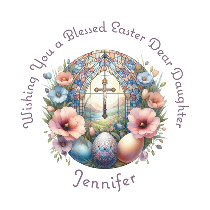 Easter greeting card with stained glass window, flowers, and eggs on a white background. Can be personalised with name, and relation