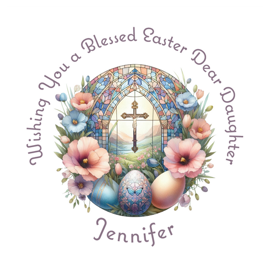 Easter greeting card with stained glass window, flowers, and eggs on a white background. Can be personalised with name, and relation
