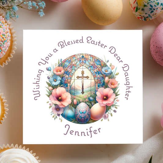 Easter card with floral design and text on a decorative background with Easter eggs and cupcakes. Can be personalised with name and relation 