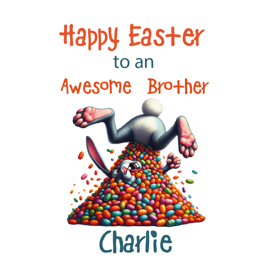 Happy Easter card with cartoon bunny and colorful eggs on a white background. Can be personalised with name and relation