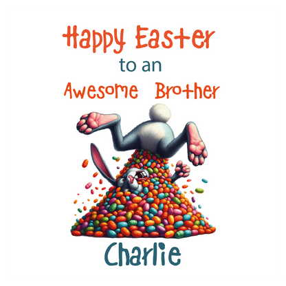 Happy Easter card with cartoon bunny and colorful eggs on a white background. Can be personalised with name and relation