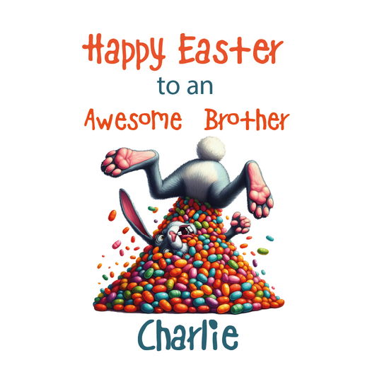 Happy Easter card with cartoon bunny and colorful eggs on a white background. Can be personalised with name and relation