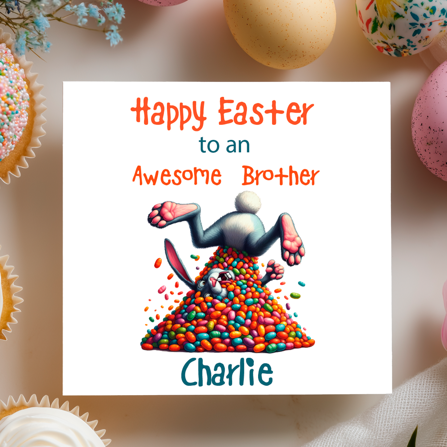 Easter card with cartoon bunny and colourful eggs, text 'Happy Easter to an Awesome Brother Charlie' on a blurred Easter-themed background. Can be personalised with name and relation. 