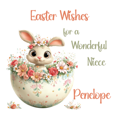 Easter-themed card with a bunny surrounded by flowers and personalized text on a white background. Can be personalised with name and relation.