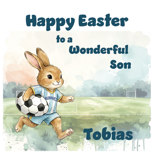 Easter card with a bunny playing soccer on a grassy field, text 'Happy Easter to a Wonderful Son Tobias'. Can be personalised with name and relation
