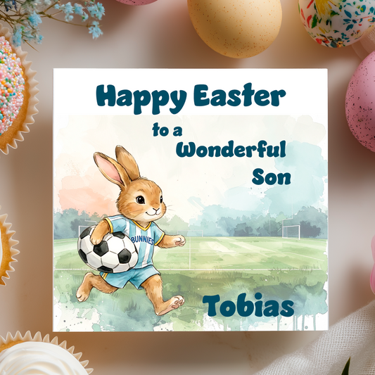 Easter card with a bunny holding a soccer ball, surrounded by Easter eggs and flowers. Can be personalised with name and  relation  