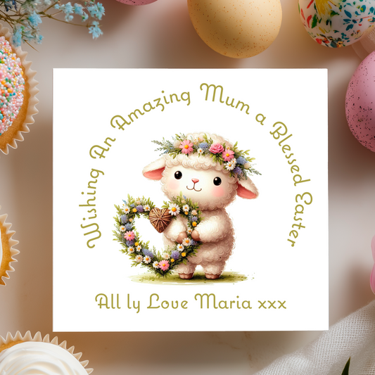Easter card with a lamb holding a floral wreath, surrounded by Easter eggs and pastries. Can be personalised with name, relation and name of sender. 