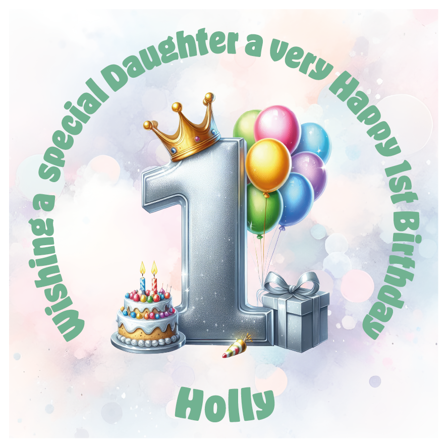 Happy 1st birthday card with number '1', crown, balloons, cake, and gift on a light background. Personalised with name age and relation.