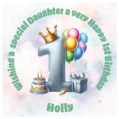 Happy 1st birthday card with number '1', crown, balloons, cake, and gift on a light background. Personalised with name age and relation.