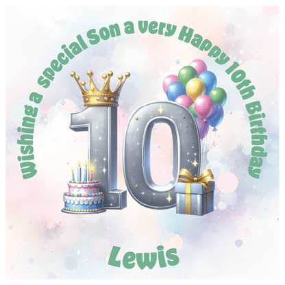Happy 10th birthday card with number '10', crown, balloons, cake, and gift on a light background. Personalised with name age and relation.