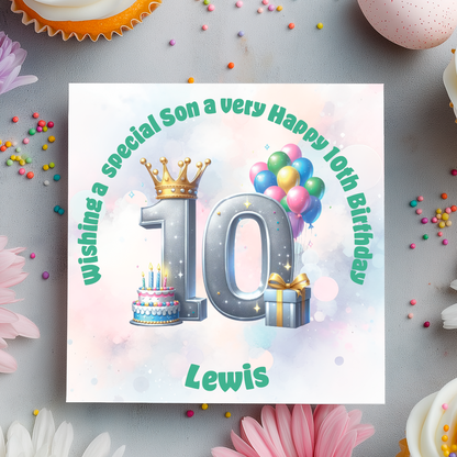 Birthday card with number 10, cake, balloons, and crown on a decorative background with flowers and candies.