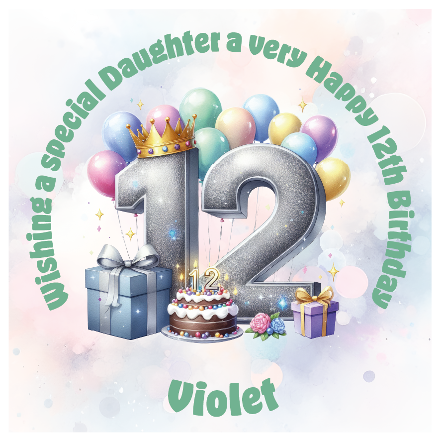Happy 12th birthday card with  a number 12, crown, balloons, cake, and gift on a light background. Personalised with name age and relation.