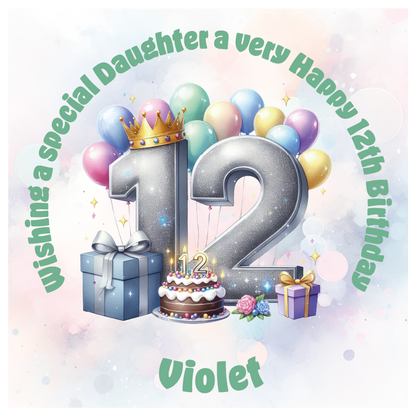 Happy 12th birthday card with  a number 12, crown, balloons, cake, and gift on a light background. Personalised with name age and relation.