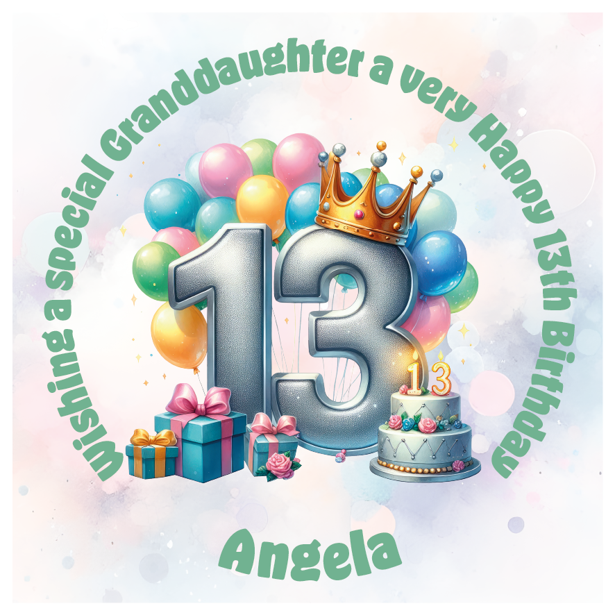 Happy 13th birthday card with number '13', crown, balloons, cake, and gift on a light background. Personalised with name age and relation.