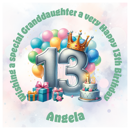 Happy 13th birthday card with number '13', crown, balloons, cake, and gift on a light background. Personalised with name age and relation.