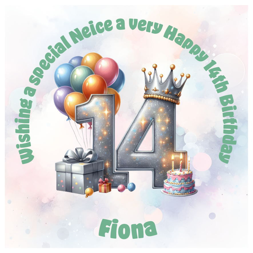 Happy 14th birthday card with number '14', crown, balloons, cake, and gift on a light background. Personalised with name age and relation.
