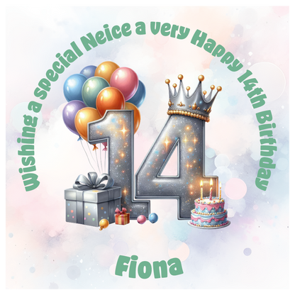 Happy 14th birthday card with number '14', crown, balloons, cake, and gift on a light background. Personalised with name age and relation.