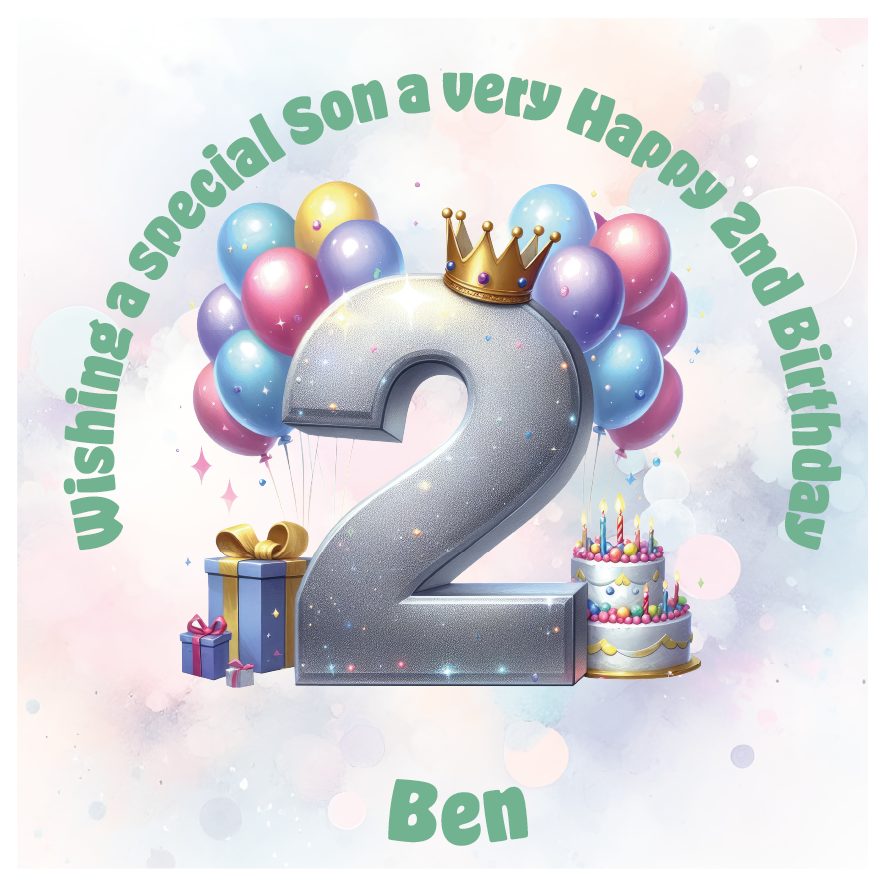 Happy 2nd birthday card with number '2', crown, balloons, cake, and gift on a light background. Personalised with name age and relation.