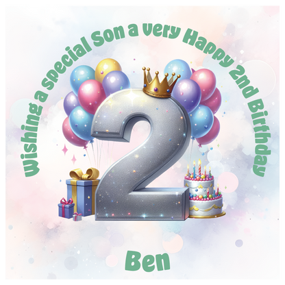 Happy 2nd birthday card with number '2', crown, balloons, cake, and gift on a light background. Personalised with name age and relation.