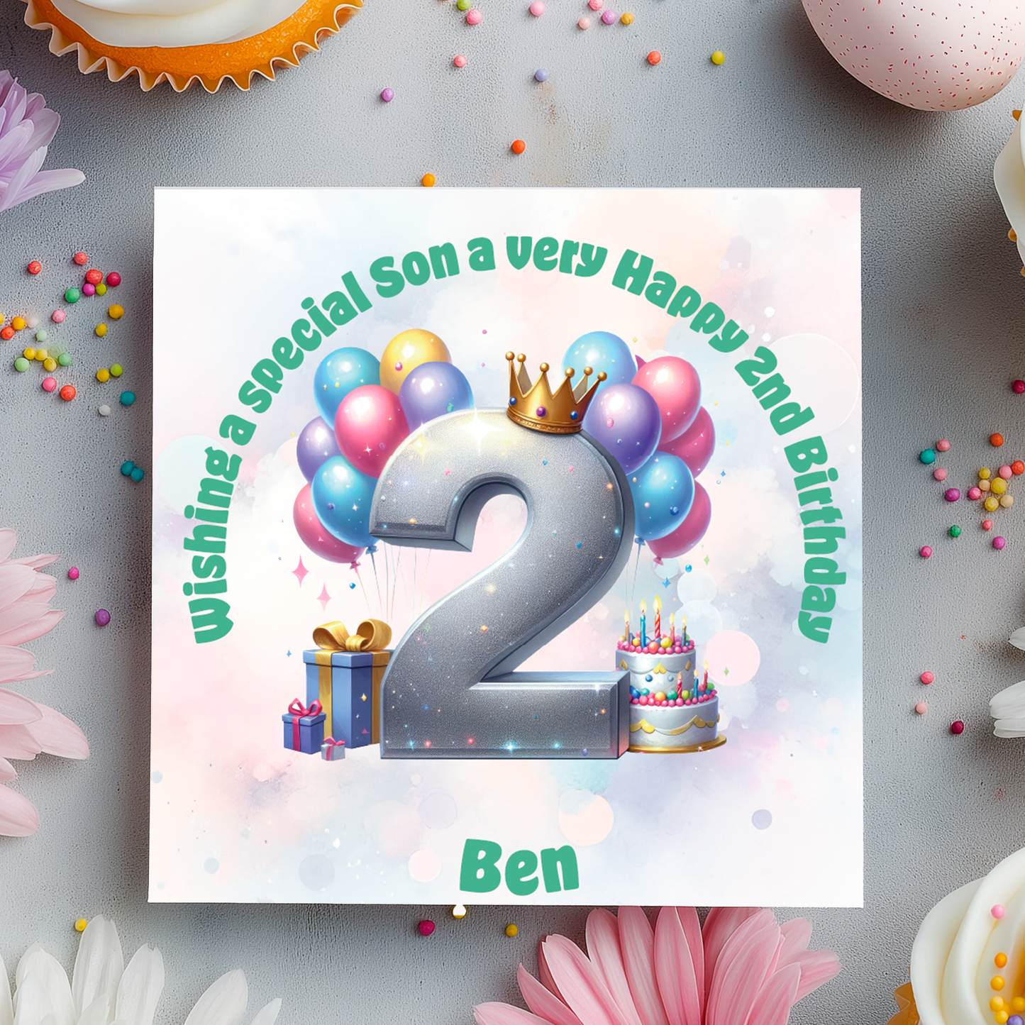 Birthday card with balloons, number 2, and cake on a decorative background
