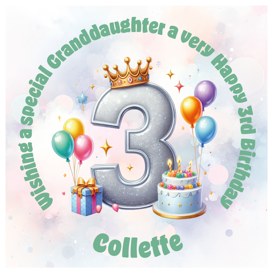 Happy 3rd birthday card with number '3', crown, balloons, cake, and gift on a light background. Personalised with name age and relation.