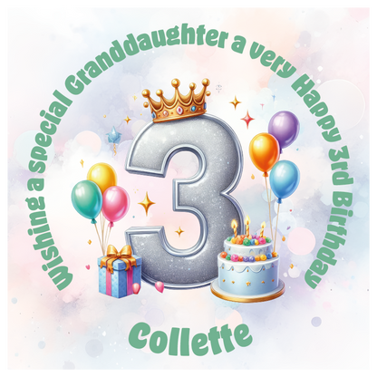 Happy 3rd birthday card with number '3', crown, balloons, cake, and gift on a light background. Personalised with name age and relation.