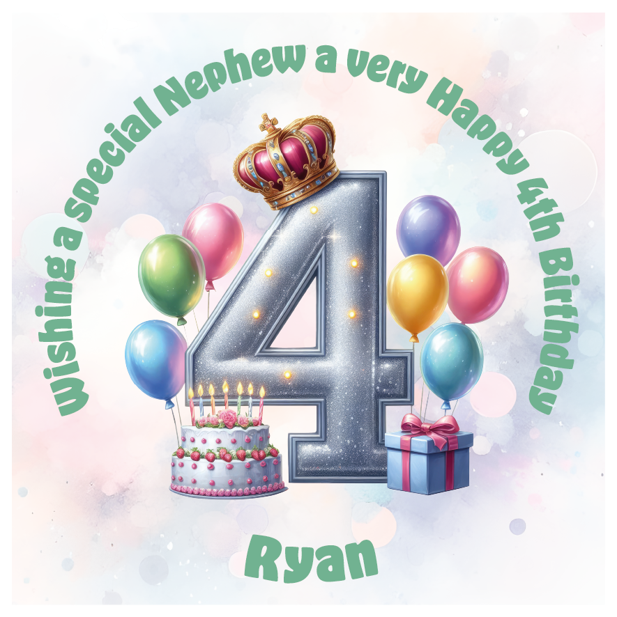 Happy 4th birthday card with number '4', crown, balloons, cake, and gift on a light background. Personalised with name age and relation.