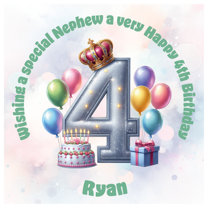 Happy 4th birthday card with number '4', crown, balloons, cake, and gift on a light background. Personalised with name age and relation.