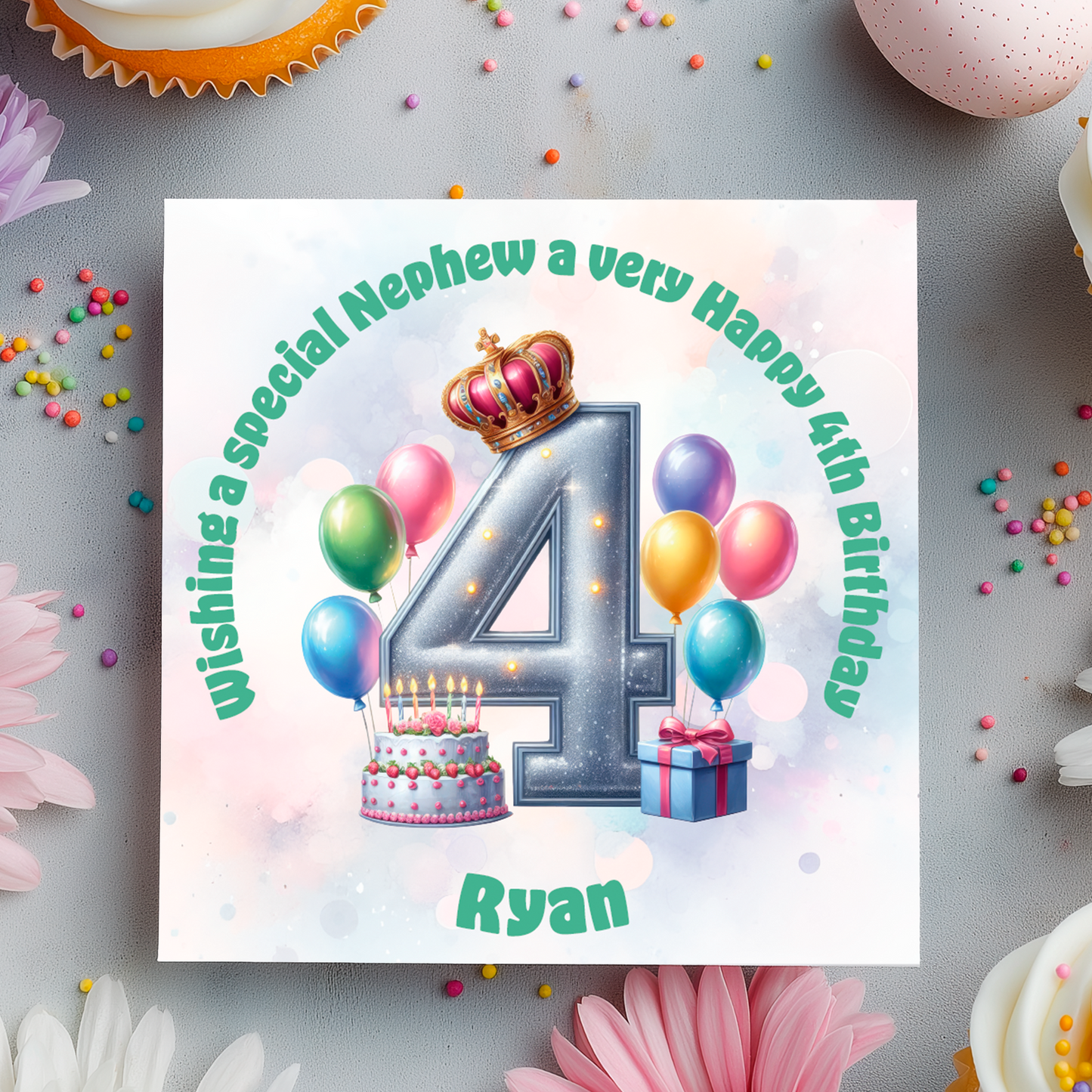 Birthday card with colorful balloons and number 4 on a decorative background with flowers and candies.