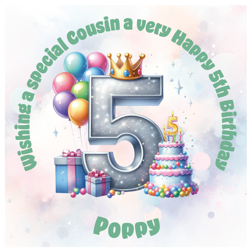 Happy 5th birthday card with number '5', crown, balloons, cake, and gift on a light background. Personalised with name age and relation.