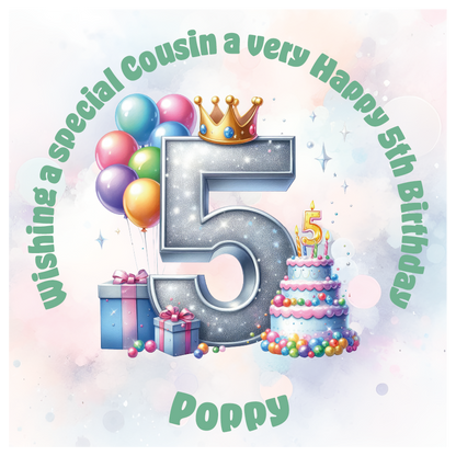 Happy 5th birthday card with number '5', crown, balloons, cake, and gift on a light background. Personalised with name age and relation.