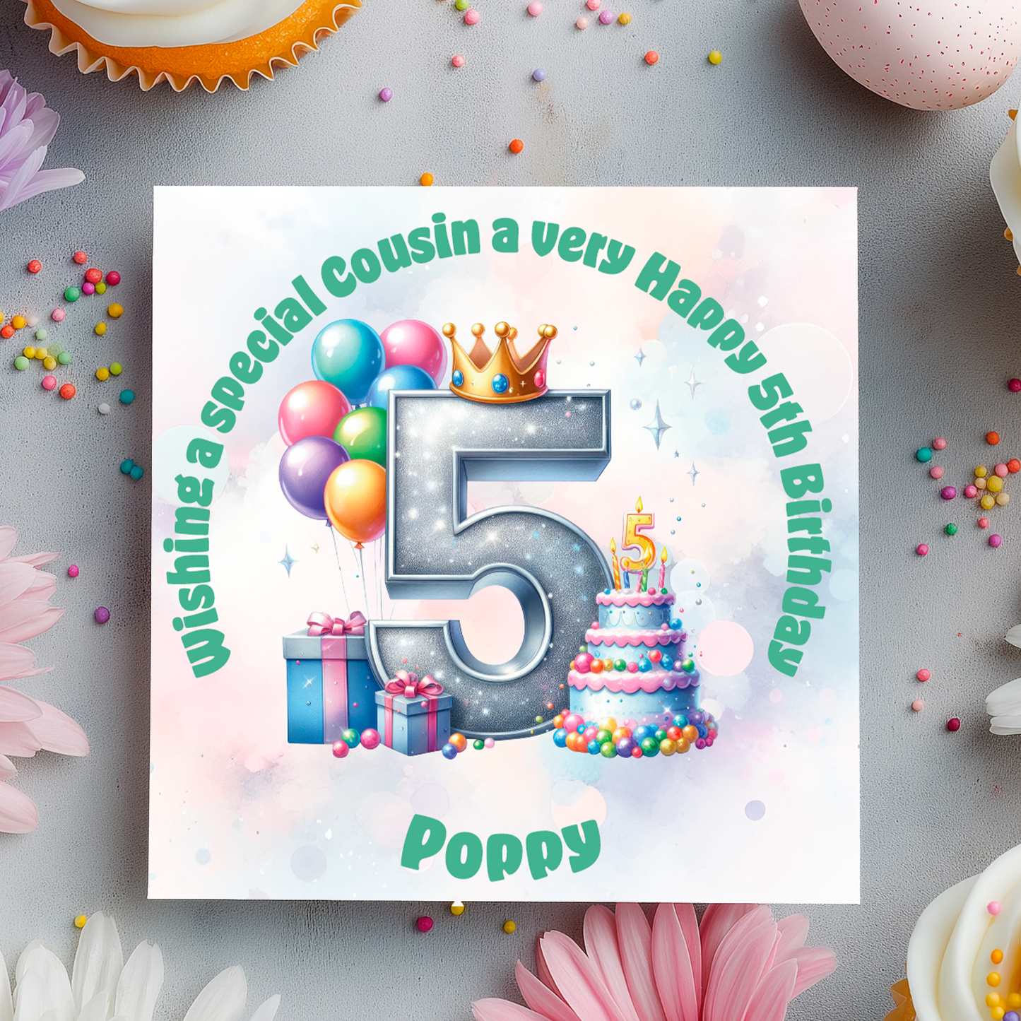 Birthday card with number 5, balloons, cake, and presents on a decorative background.