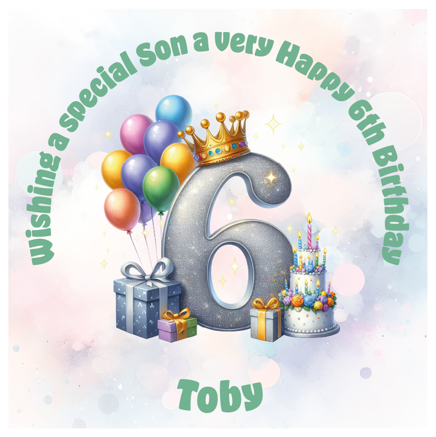 Happy 6th birthday card with number '6', crown, balloons, cake, and gift on a light background. Personalised with name age and relation.