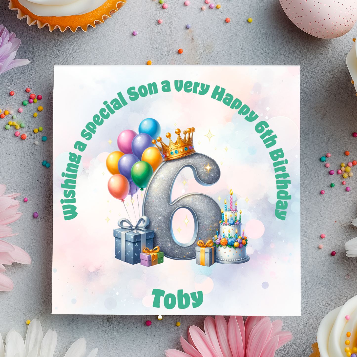 Birthday card with number 6, balloons, and cake on a decorative background with flowers and candies.