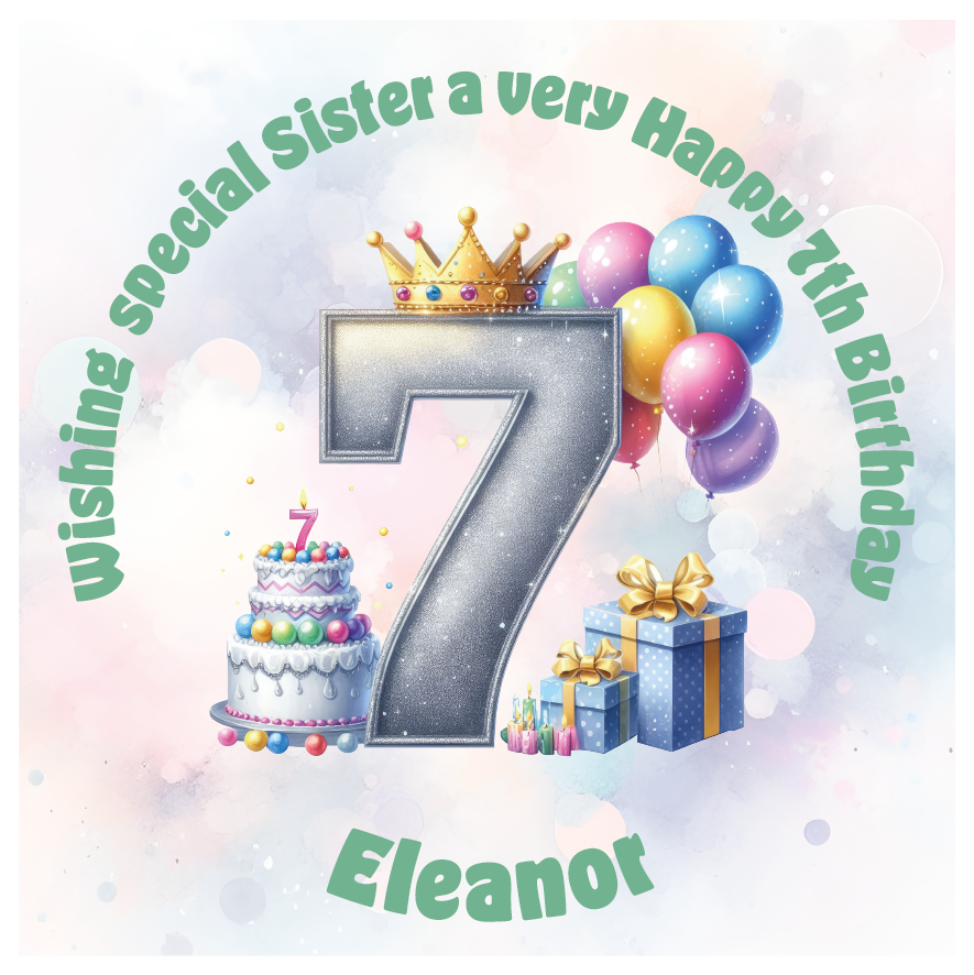 Happy 7th birthday card with number '7', crown, balloons, cake, and gift on a light background. Personalised with name age and relation.