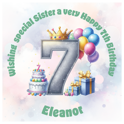Happy 7th birthday card with number '7', crown, balloons, cake, and gift on a light background. Personalised with name age and relation.