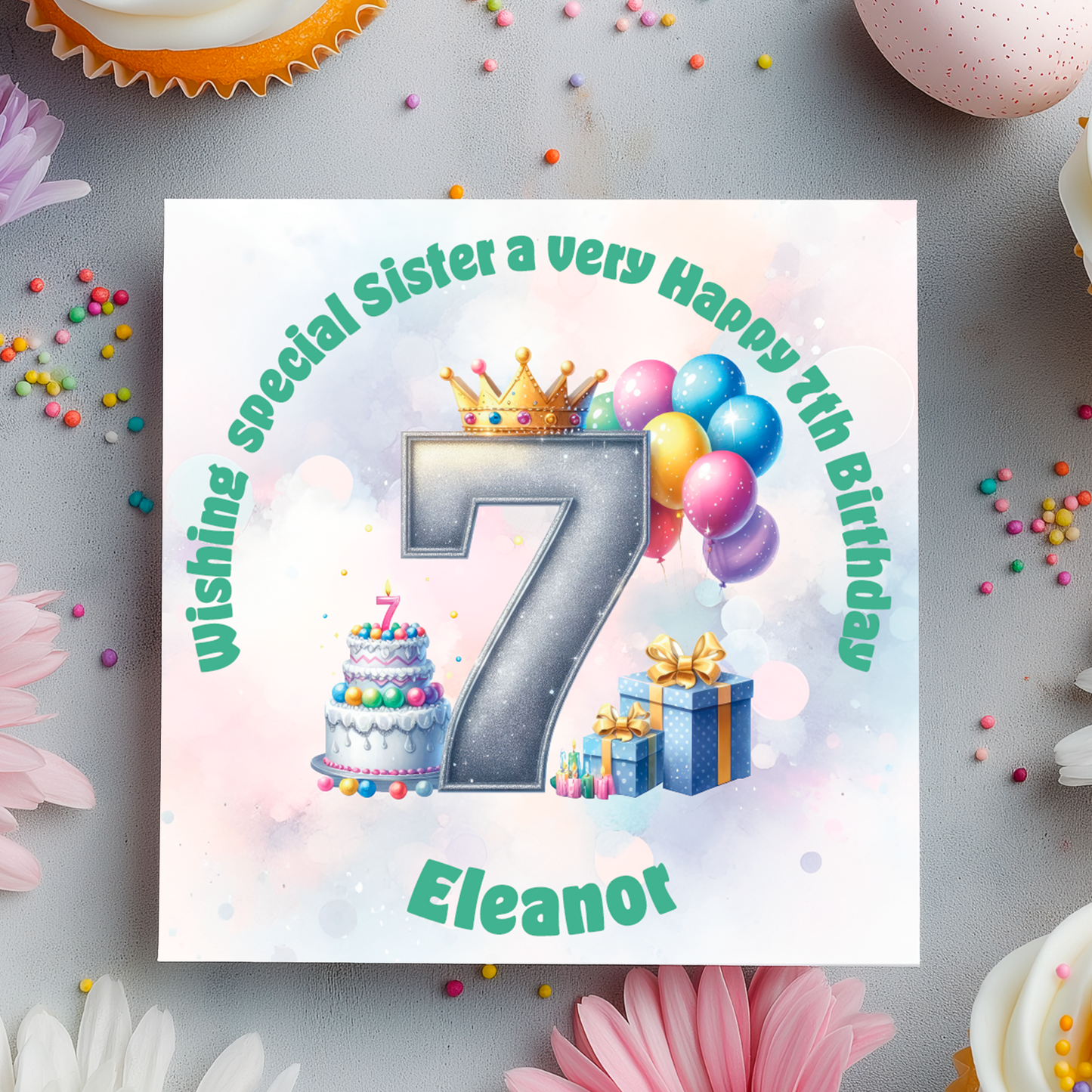 Birthday card with number 7, cake, balloons, and gift on a decorative background.